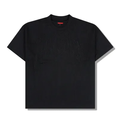 Front flat lay of the Pleasures Twitch Mesh Shirt in Black with tonal embroidered chest logo.