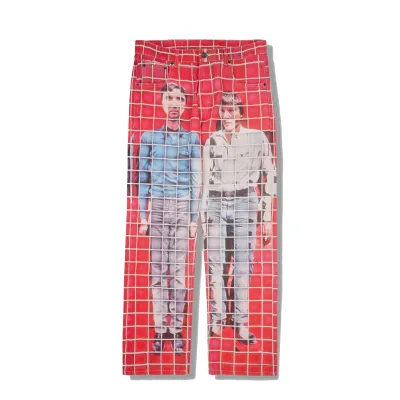 Front flat lay of the Pleasures x Talking Heads Buildings Straight Leg Jeans in Red.