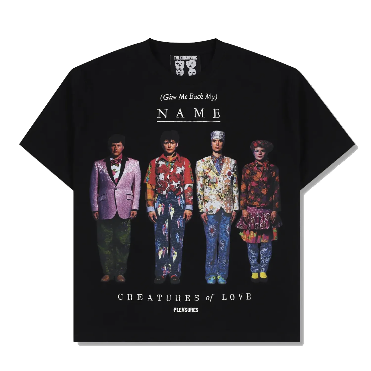 Front flat lay of the Pleasures x Talking Heads Creatures Heavyweight Tee in Black.