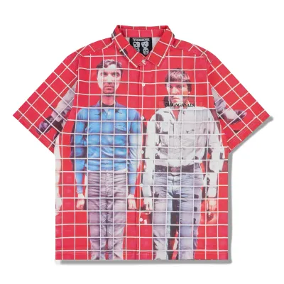 Front view of the Pleasures x Talking Heads Food Button-Up Shirt in Red.
