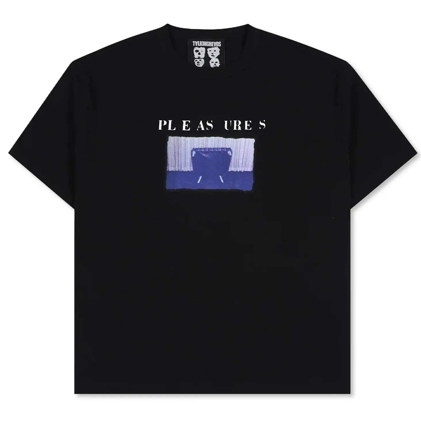 Front view of the Pleasures x Talking Heads Speaking Heavyweight Tee in Black.