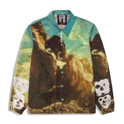 Front view of the Pleasures x Talking Heads Remain Coach Jacket in Multicolor.