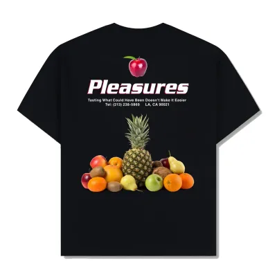 Back view of the Pleasures Delivery Tee with oversized Pleasures fruit graphic.