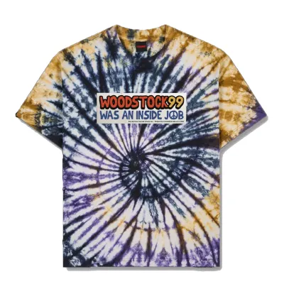 Front view of the Pleasures Inside Job Tee in Tie Dye with Woodstock '99 graphic.