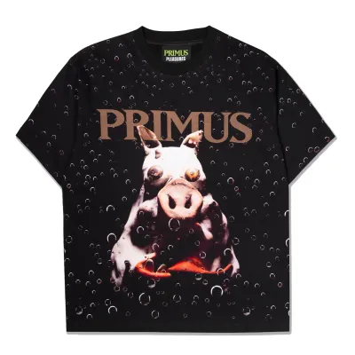 Front view of the Pleasures x Primus Pork Soda Tee with all-over Primus artwork.