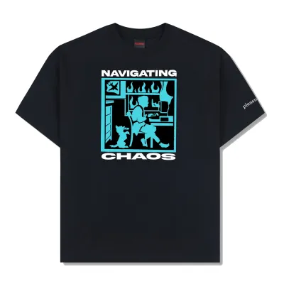 Front view of the Pleasures Navigate Tee in Black with Navigating Chaos graphic.