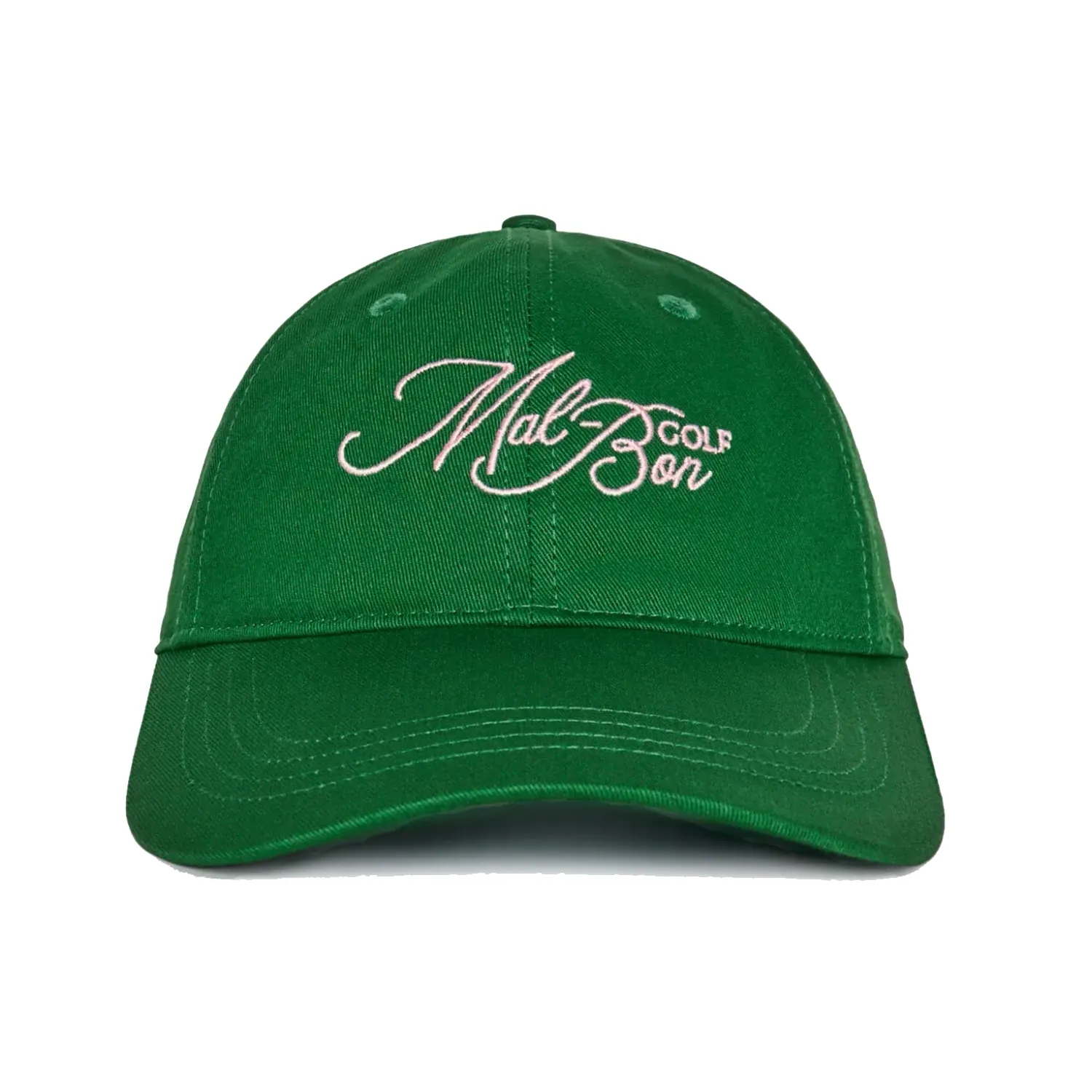 Front view of Malbon Palmetto Dad Hat in garden green with pink script embroidery.
