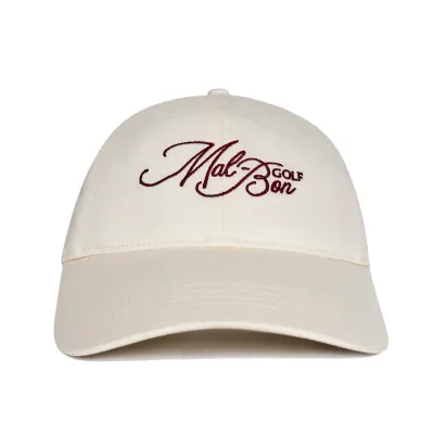Front view of whisper white Malbon Palmetto Dad Hat with burgundy script embroidery.