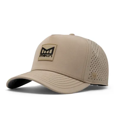 Melin Odysea Stacked HYDRO Hat in Khaki with front patch logo and curved brim.