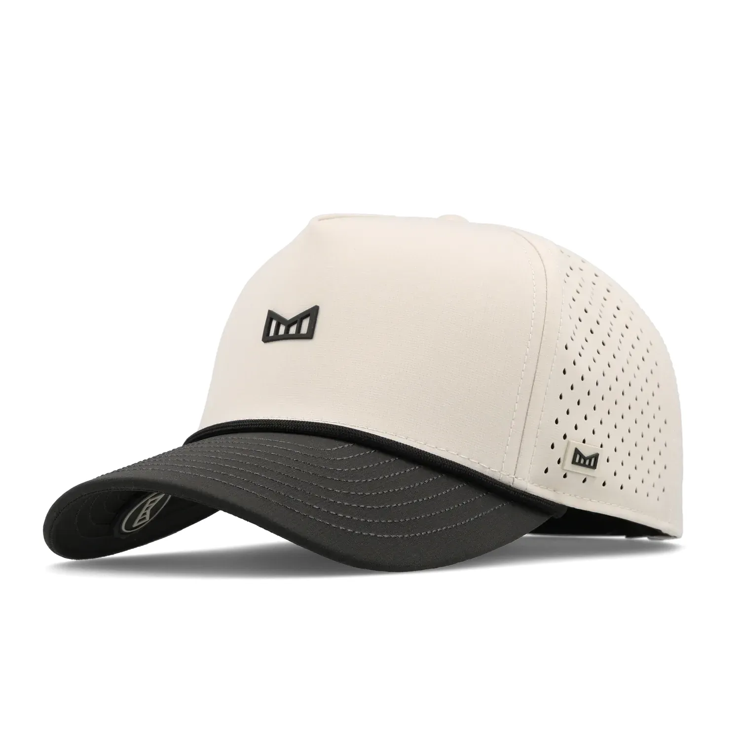 Melin Odysea Rope Bulls Icon HYDRO Hat in Moonbeam and Black side view.