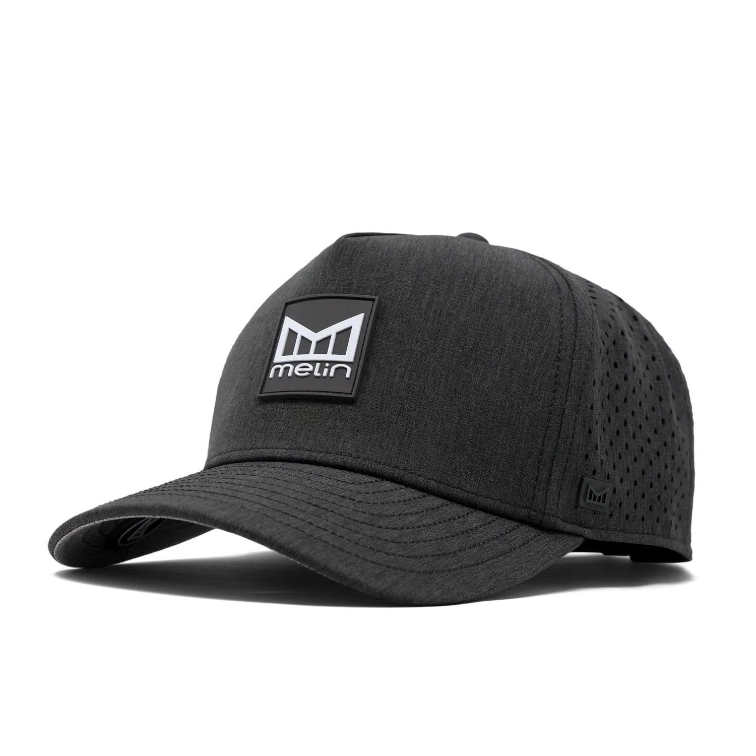 Melin Odysea Stacked HYDRO hat in heather charcoal with front logo patch.