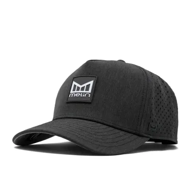 Melin Odysea Stacked HYDRO hat in heather charcoal with front logo patch.