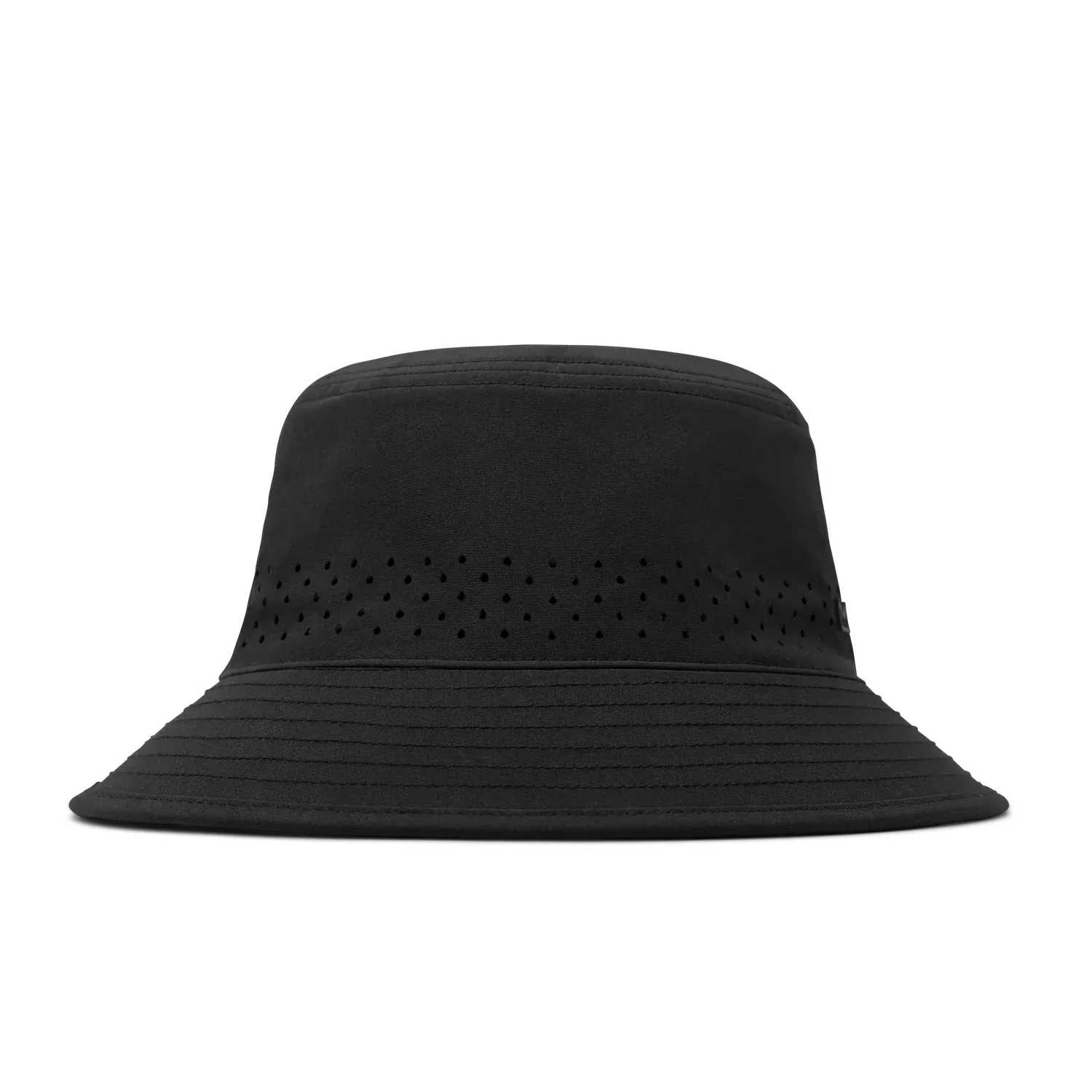 Front view of Melin Caddy HYDRO Bucket Hat in black with perforated ventilation panels.