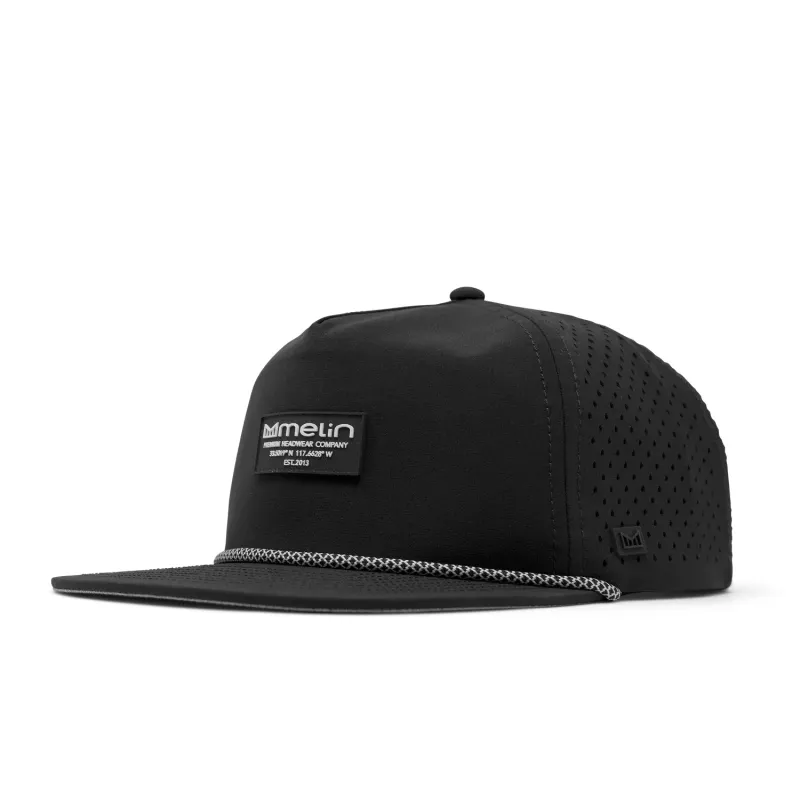 Melin Coronado Brick HYDRO Performance Snapback Hat in black with rope detail and front logo patch.