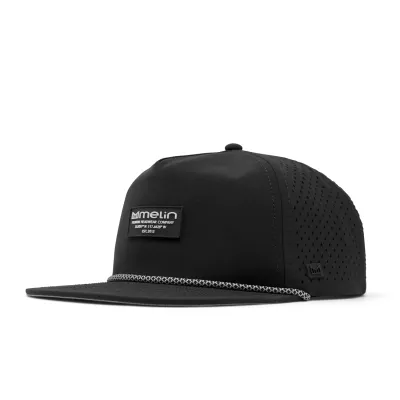 Melin Coronado Brick HYDRO Performance Snapback Hat in black with rope detail and front logo patch.