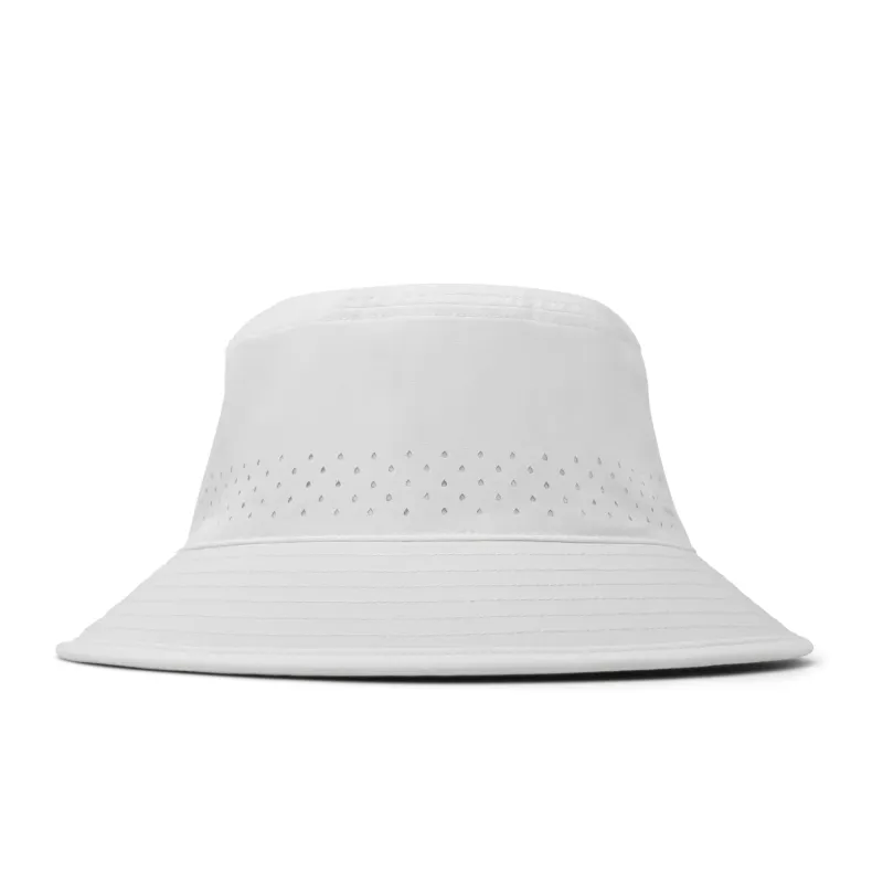 Front view of Melin Caddy HYDRO Bucket Hat in white with perforated ventilation panels.