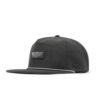 Melin Coronado Brick HYDRO Performance Snapback Hat in heather charcoal with rope detail and logo patch.