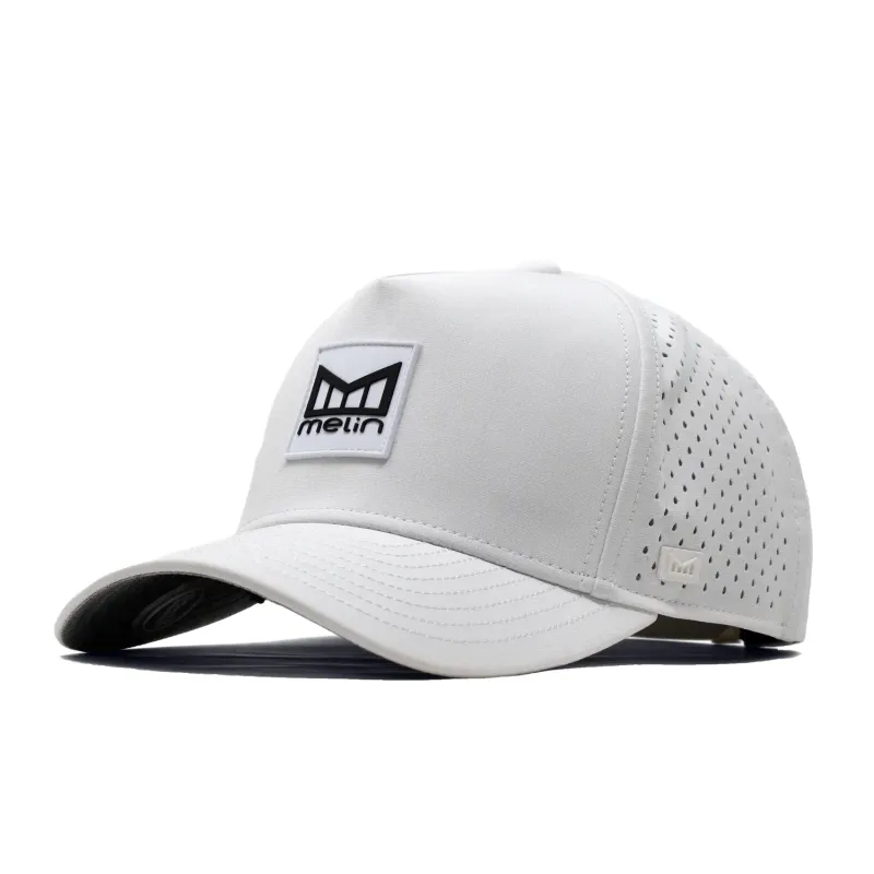Melin Odysea Stacked HYDRO hat in white with stacked logo patch and curved brim.