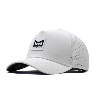 Melin Odysea Stacked HYDRO hat in white with stacked logo patch and curved brim.