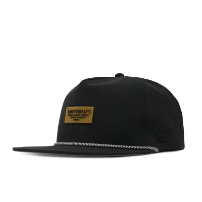 Melin Coronado Brick HYDRO Performance Snapback Hat in black with gum logo patch and rope detail.