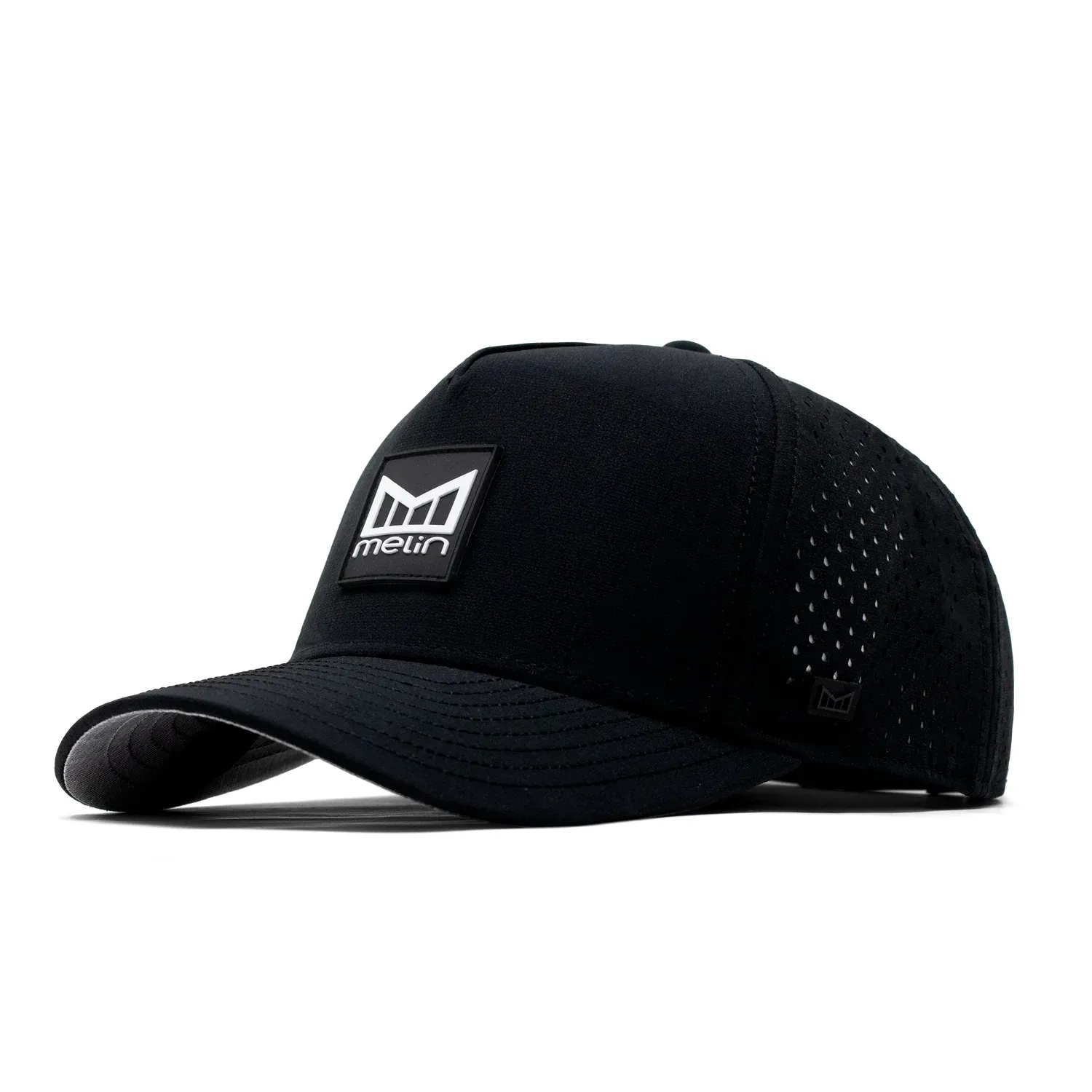 Melin Odysea Stacked HYDRO hat in black with logo patch and curved brim.