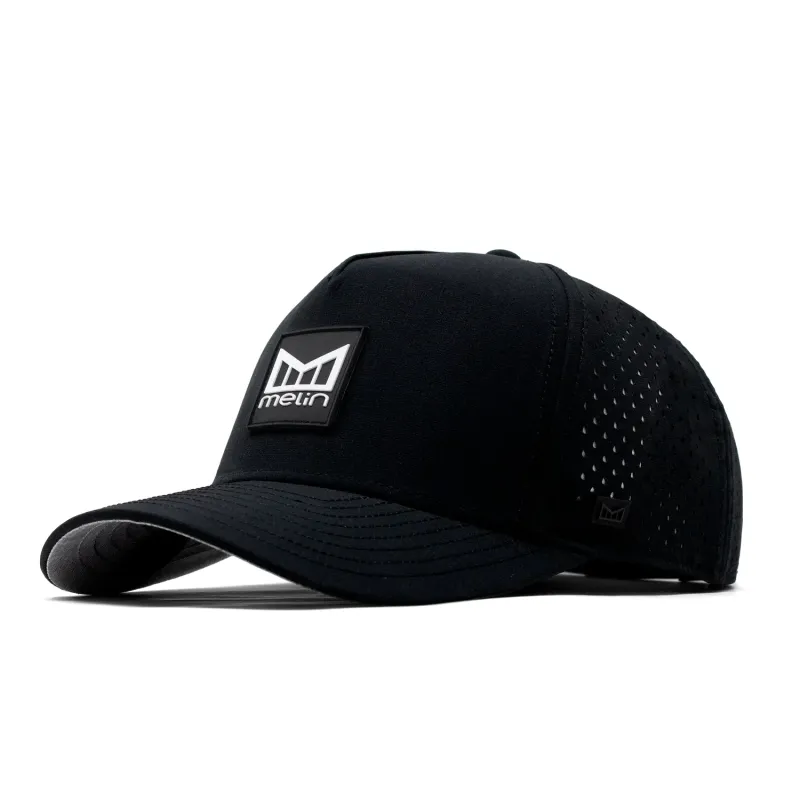 Melin Odysea Stacked HYDRO hat in black with logo patch and curved brim.