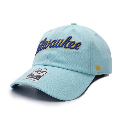 Powder blue '47 Brewers Cooperstown Script Clean Up hat with raised front embroidery.