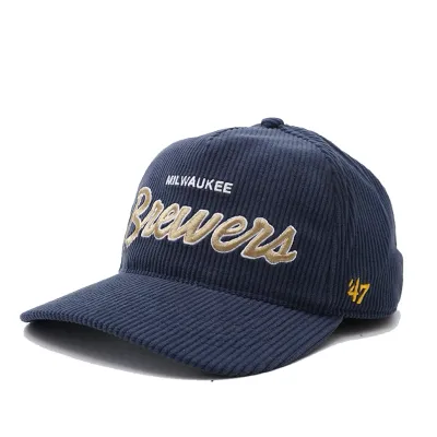 Navy '47 Brewers Cooperstown Crosstown Cord Hitch snapback with embroidered front wordmark.
