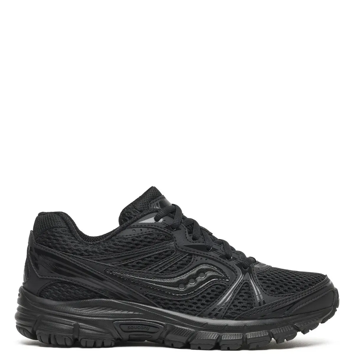 Lateral view of Saucony Grid Legacy in Black/Black with breathable mesh upper and tonal overlays.