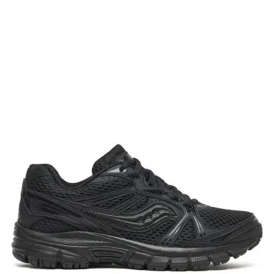 Lateral view of Saucony Grid Legacy in Black/Black with breathable mesh upper and tonal overlays.