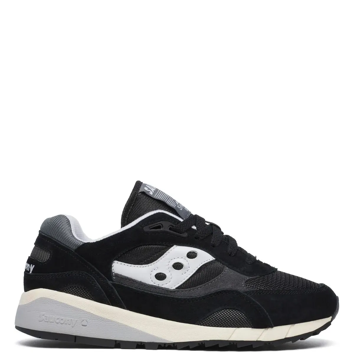 Lateral view of Saucony Shadow 6000 sneaker in Black/Grey with suede, leather and mesh upper.