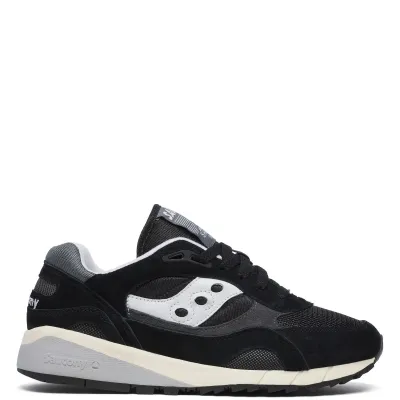 Lateral view of Saucony Shadow 6000 sneaker in Black/Grey with suede, leather and mesh upper.