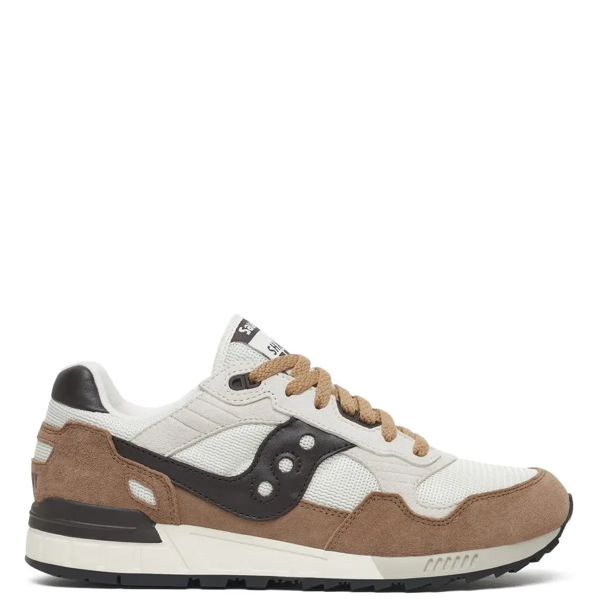 Lateral view of Saucony Shadow 5000 in Cocoa/Almond with suede overlays and black leather logo.
