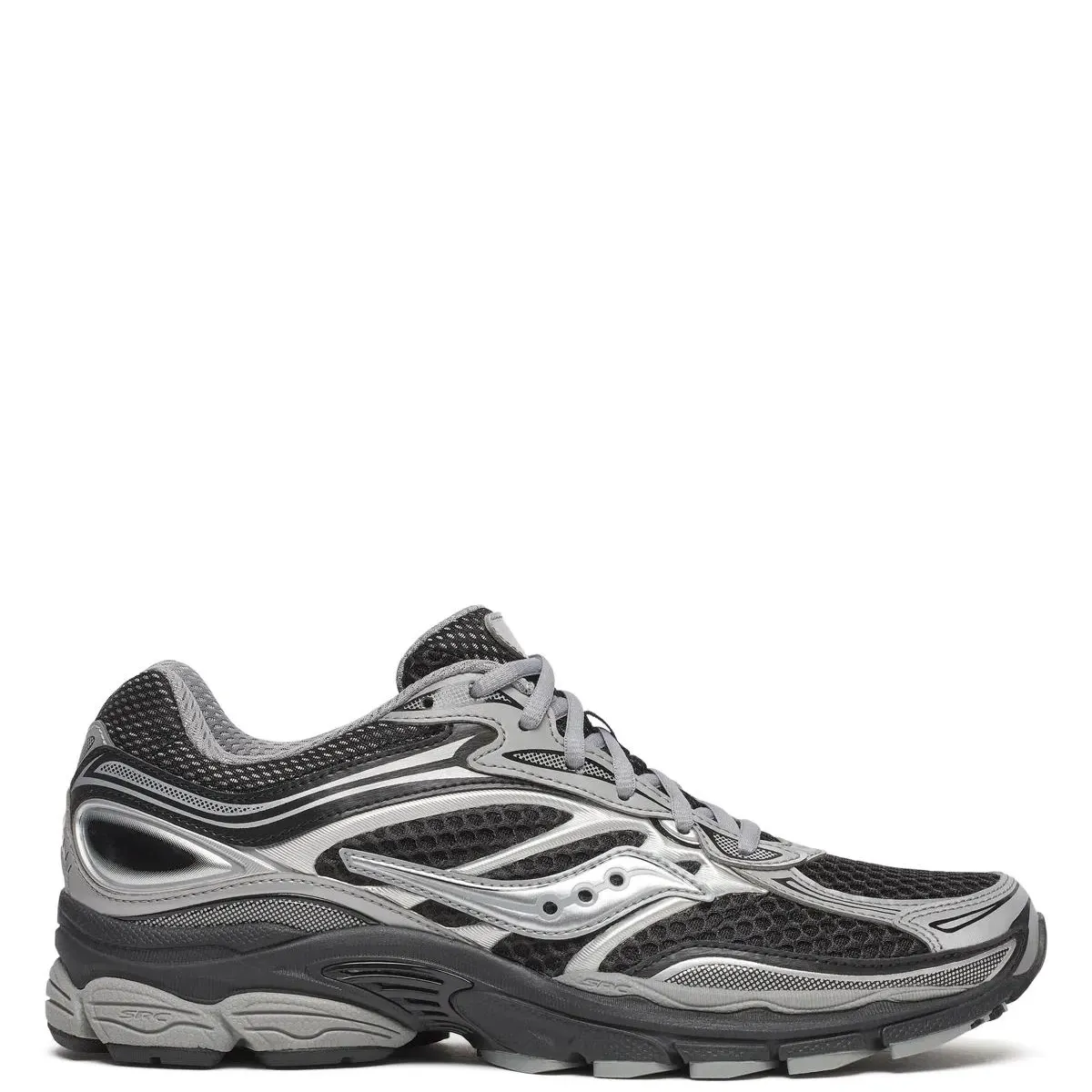 Lateral view of Saucony ProGrid Omni 9 in Black/Silver with breathable mesh and metallic overlays.