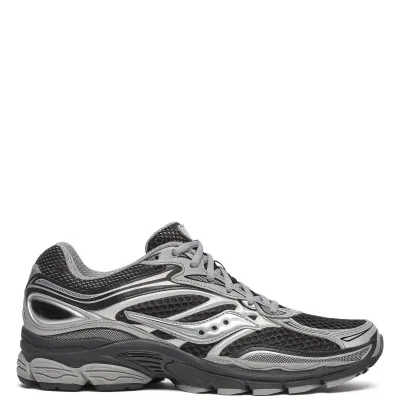 Lateral view of Saucony ProGrid Omni 9 in Black/Silver with breathable mesh and metallic overlays.