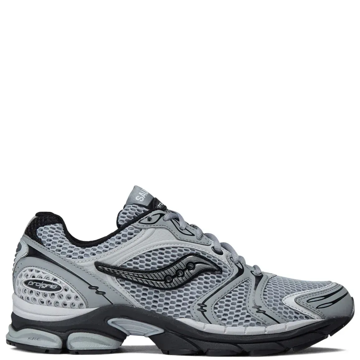 Lateral view of Saucony ProGrid Triumph 4 in Fossil and Cadet with open mesh upper