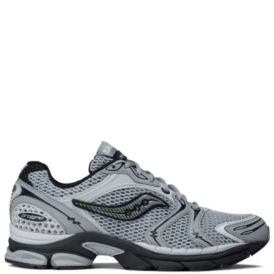 Lateral view of Saucony ProGrid Triumph 4 in Fossil and Cadet with open mesh upper
