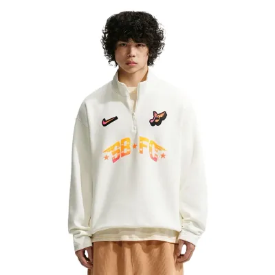 Front view of the Nike SB FC Half Zip Crewneck Sweatshirt in Sail with colorful SB FC graphics.