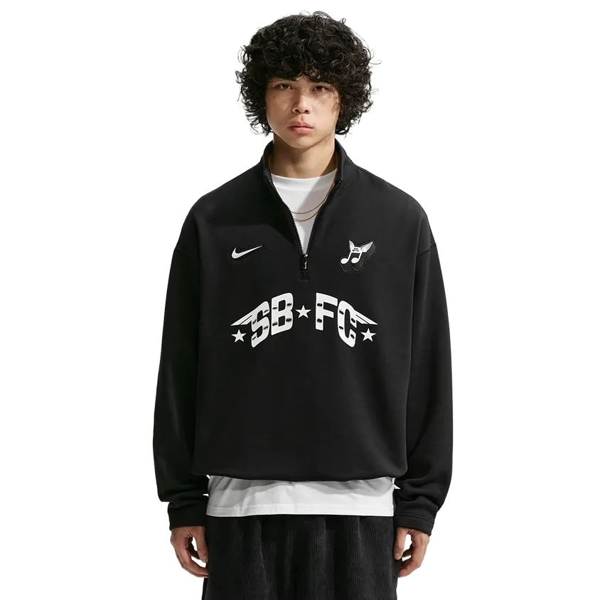 Lifestyle front view of the Black Nike SB FC Half Zip Crewneck Sweatshirt on model.