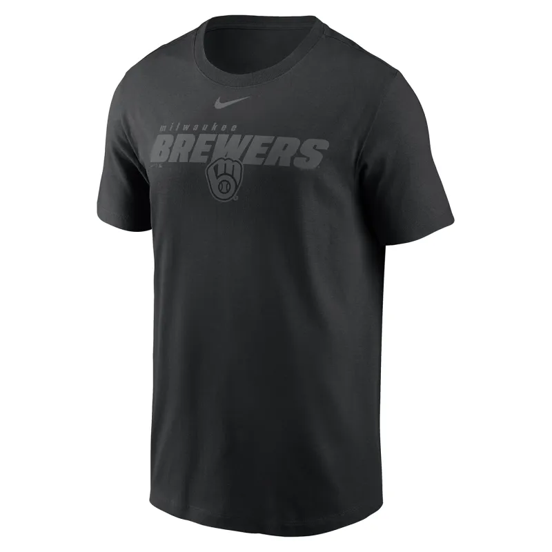 Front view of black Nike Milwaukee Brewers tee with tonal team wordmark, glove logo, and Nike Swoosh
