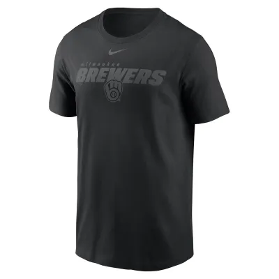 Front view of black Nike Milwaukee Brewers tee with tonal team wordmark, glove logo, and Nike Swoosh