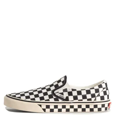 Side profile of Vans Classic Slip-On in Checkerboard Black and Marshmallow White