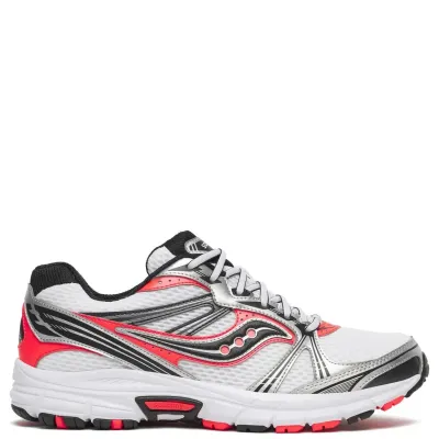 Lateral view of Saucony Grid Legacy in Silver and ViZiRed with reflective overlays