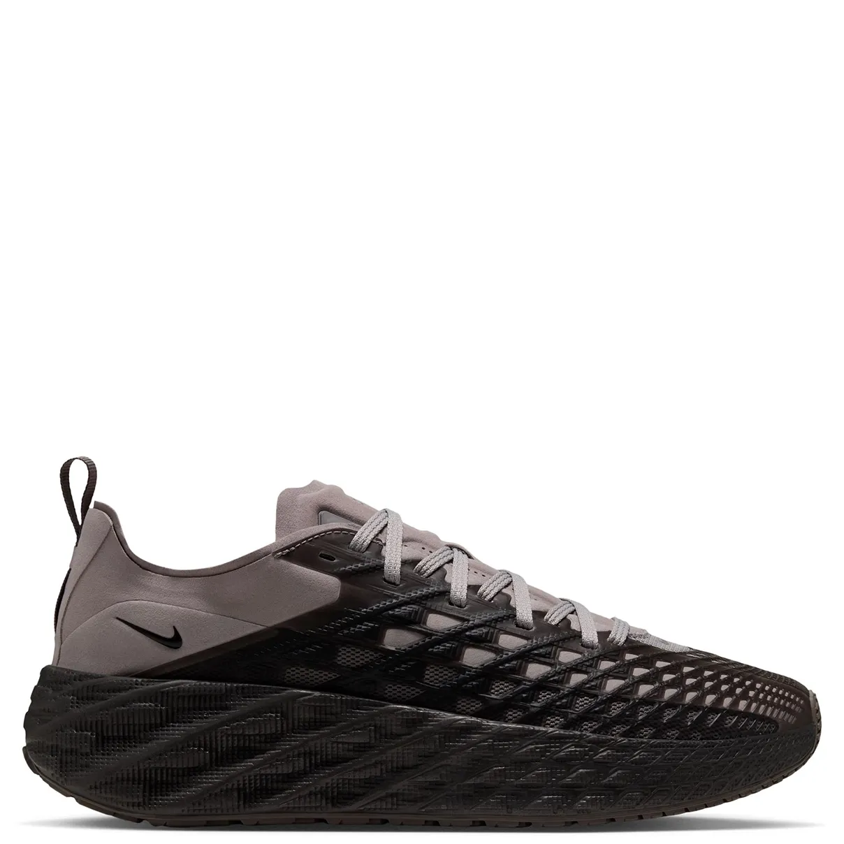 Lateral side profile of Nike Ava Edge in College Grey with red Swoosh and sculpted SCF foam midsole.