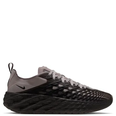 Lateral side profile of Nike Ava Edge in College Grey with red Swoosh and sculpted SCF foam midsole.