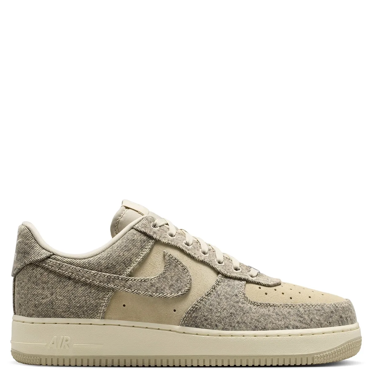 Medial side profile of Nike Air Force 1 '07 LV8 Denim featuring suede panels and textured denim overlays.