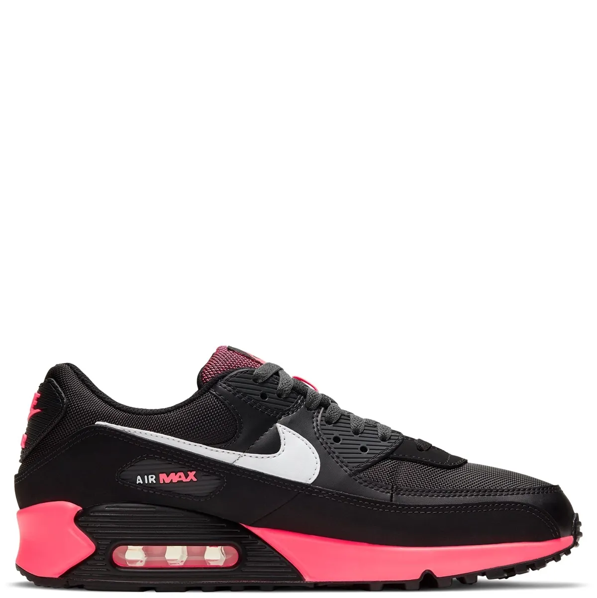 Medial side profile of Nike Air Max 90 in Black, White and Racer Pink