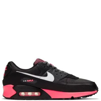 Medial side profile of Nike Air Max 90 in Black, White and Racer Pink