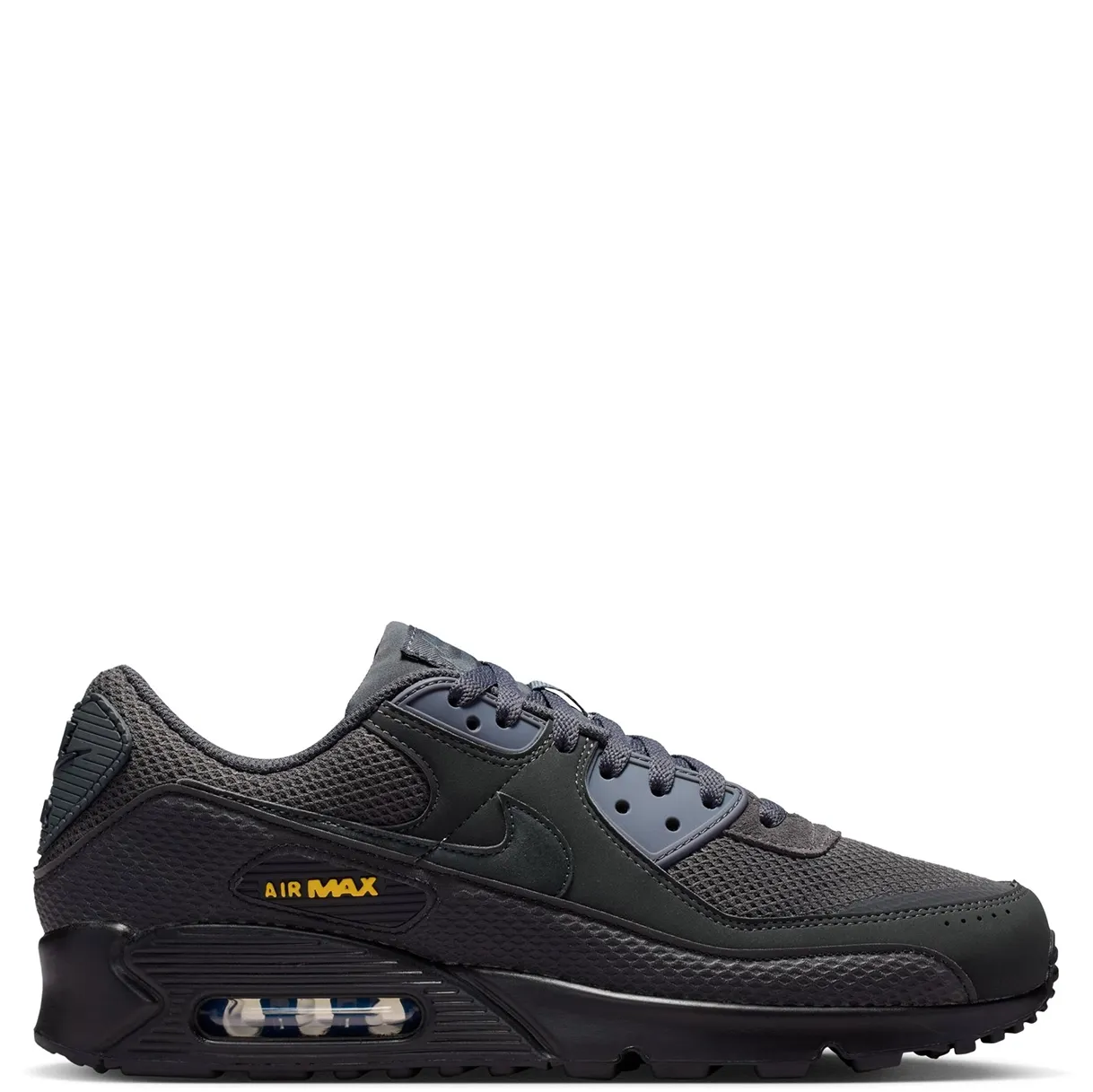 Medial side profile of Nike Air Max 90 Premium in Anthracite and Dark Smoke Grey