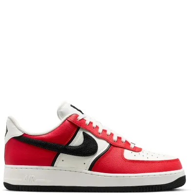 Medial side profile of Nike Air Force 1 '07 LV8 with University Red leather overlays.
